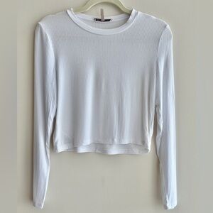 BCBGeneration Cropped Long Sleeve Ribbed Tee, White, Size Medium